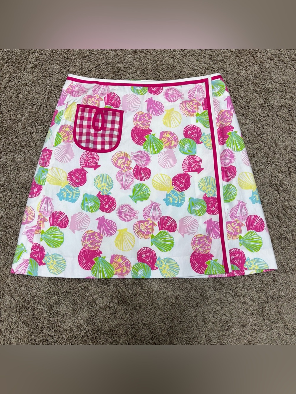 Lilly Pulitzer White A-Line Shell-Print wrap Skirt with Pink Trim women’s 6